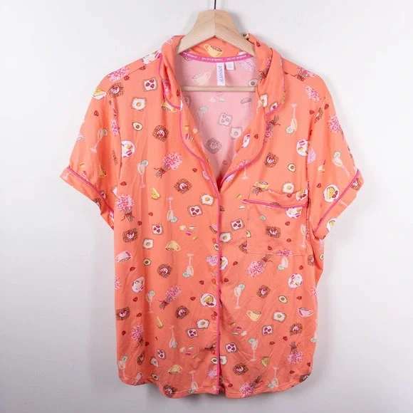 Joyspun Pajama Set Women XL Peach Brunch Food Print Short Sleeve Button Down - Picture 2 of 13